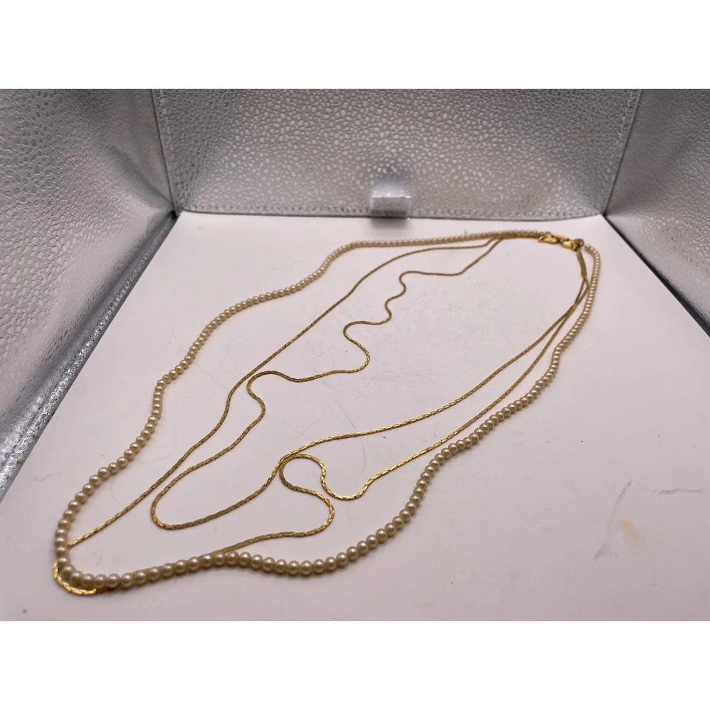 Vintage Crown Trifari© Gold Tone & Faux Pearl‎ Triple Strand Necklace 27